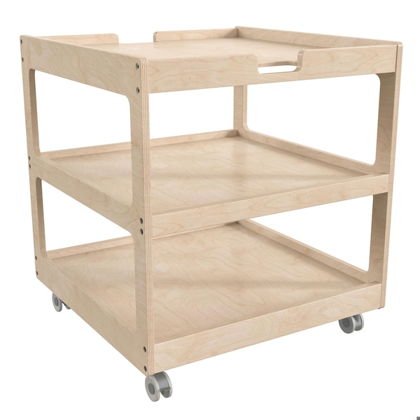Flash Furniture Bright Beginnings Commercial 3 Shelf Square Space Saving Wooden Mobile Classroom Storage Cart, Locking Caster Wheels, Kid Friendly Design, Natural MK-ME14795-GG - main